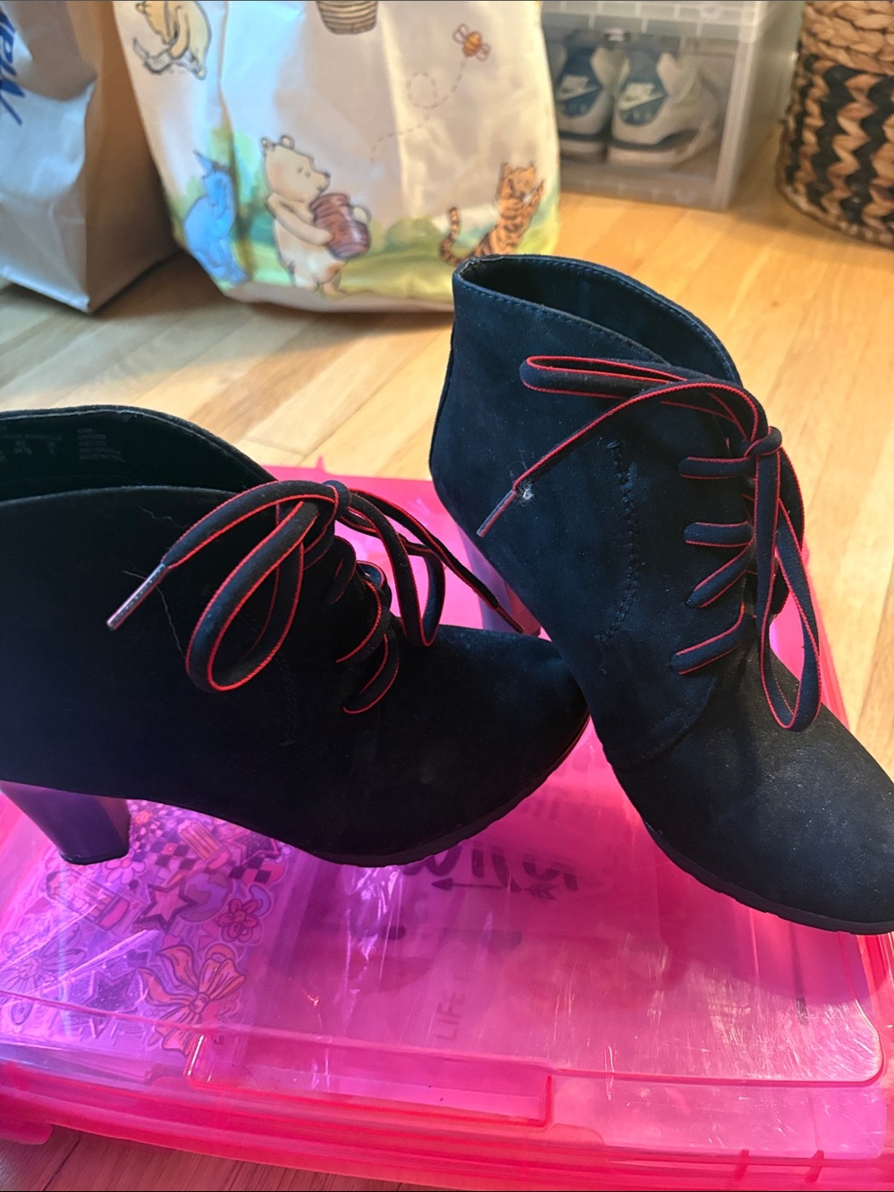 Covington Black Suede Lace-Up Ankle Booties with Red-Trim Laces